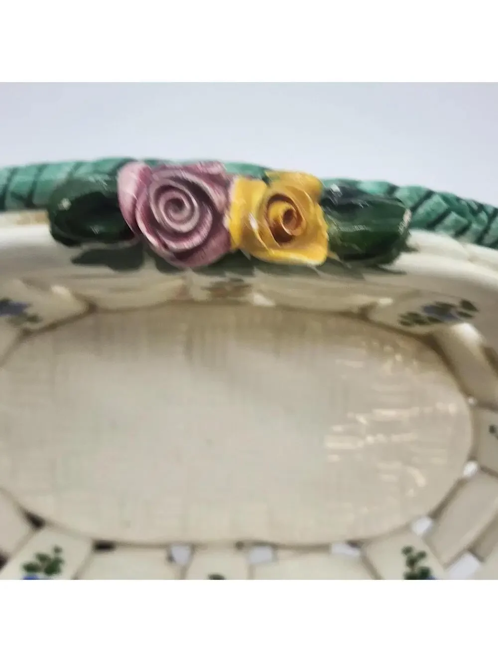 Vintage Italian Ceramic Basketweave Bowl Floral Roses Lattice Trinket Candy Dish
